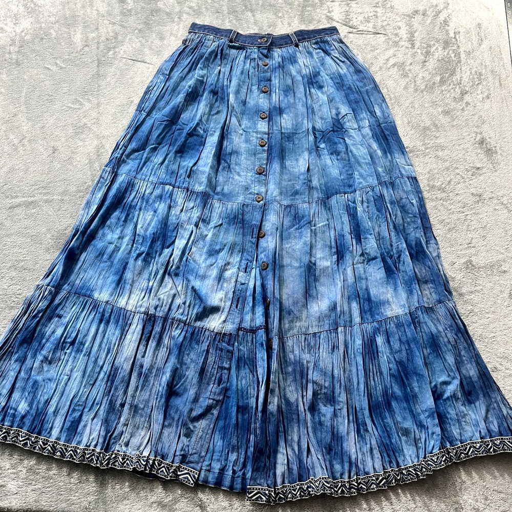 St. John's Bay Women 4 Blue Tie Dye Cotton Denim Western Boho Maxi Skirt Long